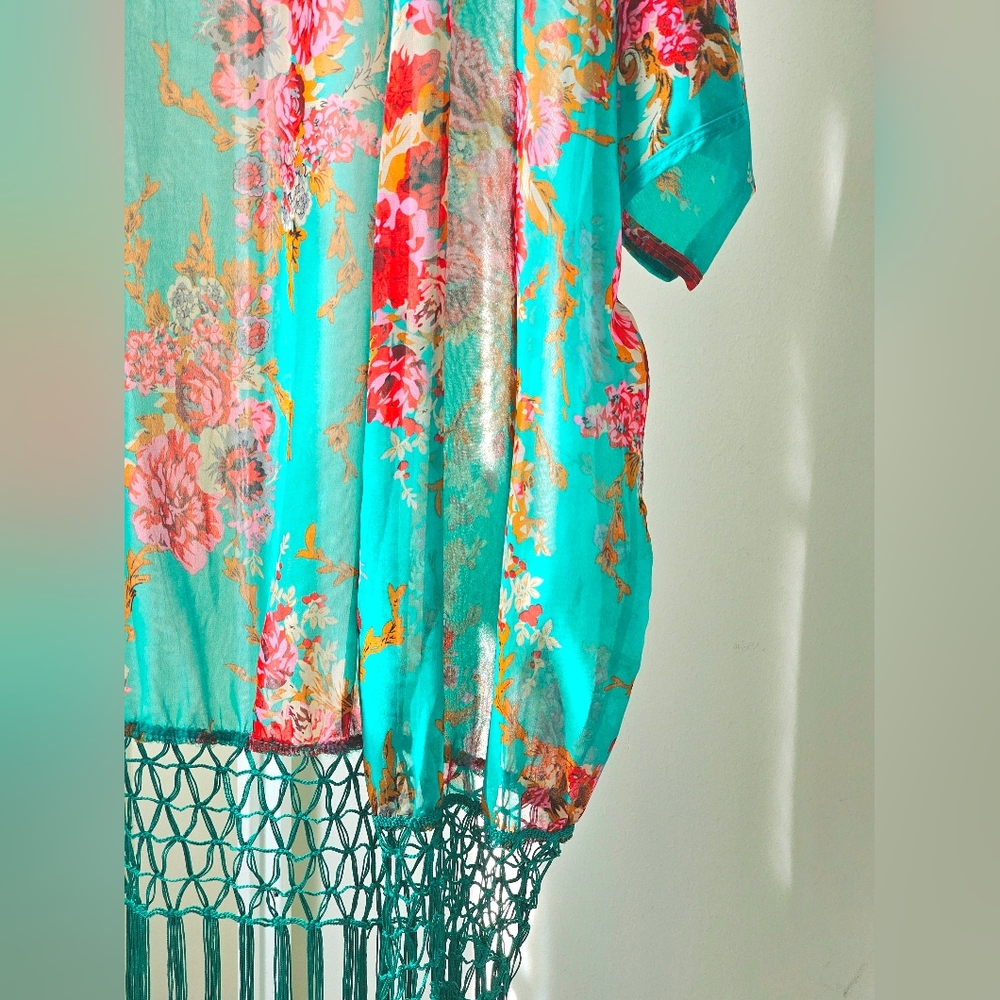Turquoise, Floral + Fringe Kimono - Picture 4 of 6